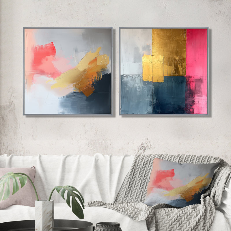 Motif géométrique géométrique doré rose et gris pur V - art mural géométrique - décoration murale moderne 2 pièces