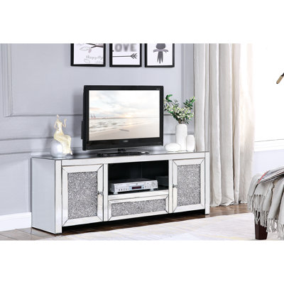 Meuble télé argenté à miroir avec faux diamants, base ouverte, tiroir simple et 2 portes, convenant aux téléviseurs à écran plat de 50 po de profondeur, 16 po de profondeur, 59 po de largeur, 22 po de hauteur, 106 lb, plancher de 2 po et côté coulissant