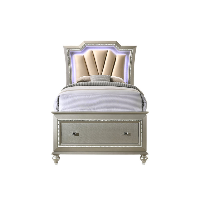 Lit double en cuir champagne - DEL, rangement spacieux, champagne synthétique et rangement avec DEL