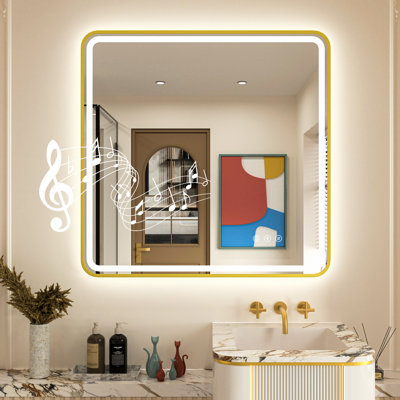 Miroir de salle de bain à DEL Bluetooth avec cadre en aluminium, certifié FCC et ETL, antibuée, température de couleur 3, intensité variable, miroir mural avant et rétroéclairé