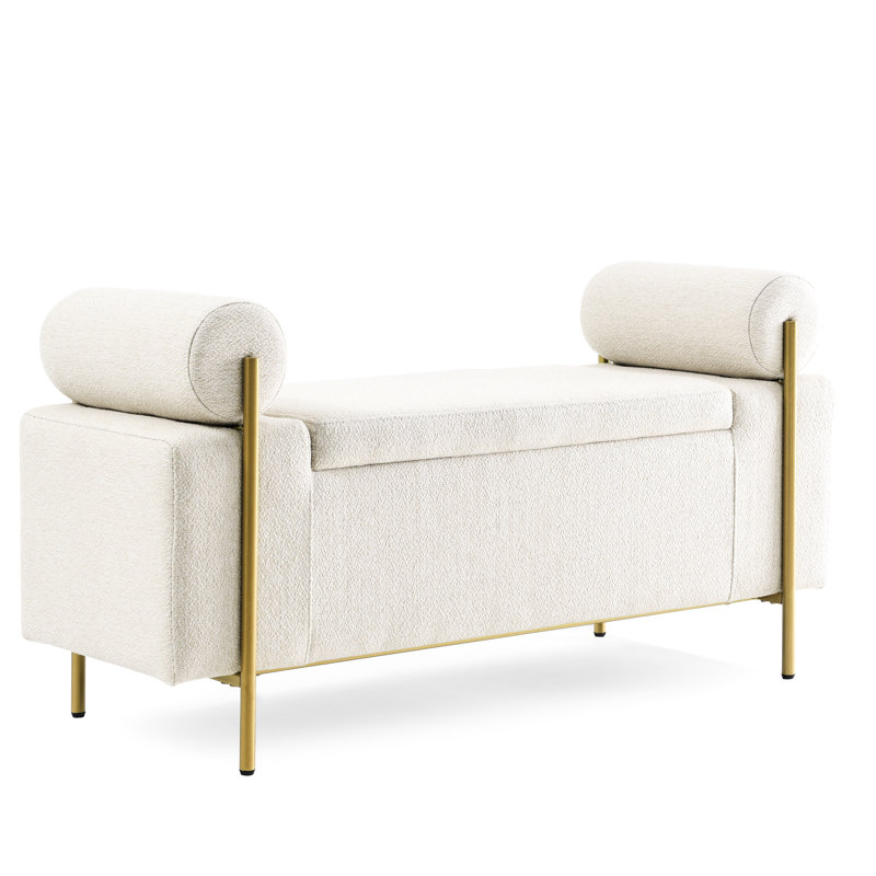 Elegant Upholstered Bench With Cylindrical Arms And Iron Leg Assembly In Beige For Living Room Bedroom Hallway Linen Storage Robust Foundation