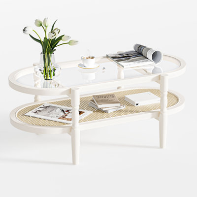Oval Rattan Coffee Table with Glass Top and Solid Wood Frame, Mid Century Modern Cocktail Table