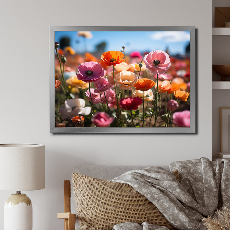Champ de fleurs vibrantes I, H 16 po x l 32 po x P 1 po, Cadre simple argenté