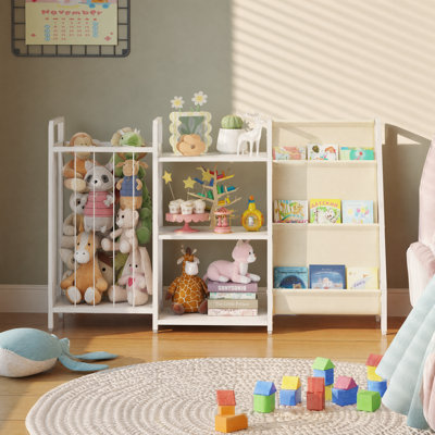 Kids Toy Storage Organizer with Book Sling Rack, Multi-Cubby Children Toy Bookshelf, Large Toddler Playroom Storage Unit for Bedroom, Play Area