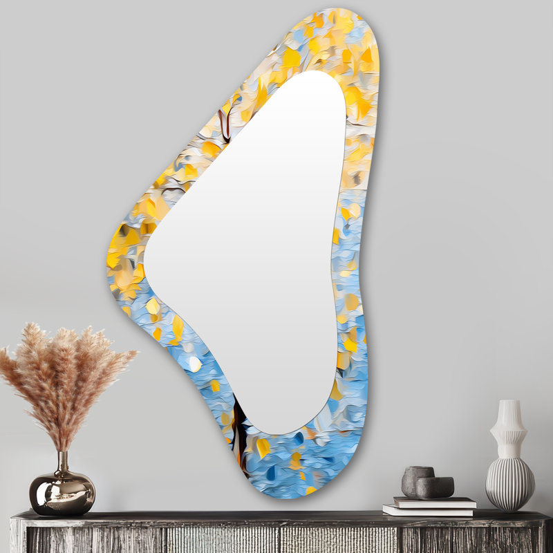 Vibrant Yellow Autumn Tree Blue Sky - Tree Floral Modern Asymmetrical Decorative Wall Mirror