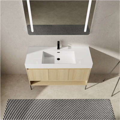 Ensemble de meuble-lavabo 48 po avec lavabo simple en résine, ensemble d'armoires de rangement modernes 3 portes, bois massif multicouche, chêne