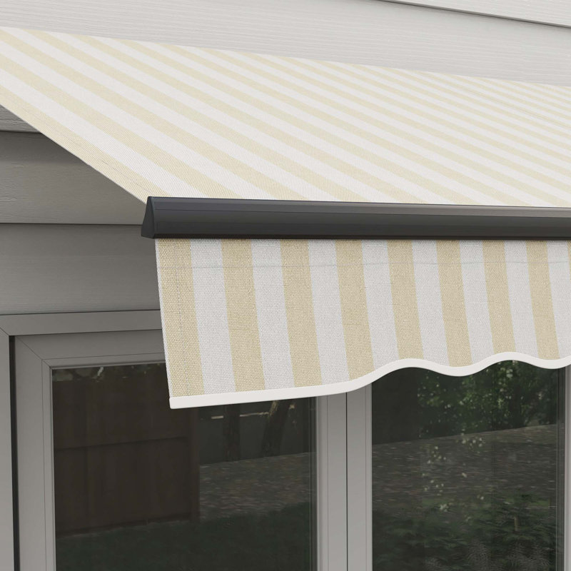 Outsunny Polyester Cover Retractable Patio Awning, Beige/White, Striped, 116.1" W x 97.2" D