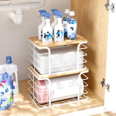 Ensemble de 2 grands organisateurs de garde-manger empilables, distributeur mural de support à sac à ordures avec plateau en bambou pour l'organisation de la salle de lavage
