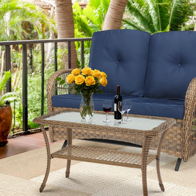  Outdoor Wicker Coffee Table, All-Weather Rattan Patio Coffee Table With 2-Tier Storage, Tempered Glass Top Rectangle Center Table For Deck, Garden, Balcony, Porch, Indoor Or Outdoor Use