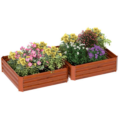 2 Piece Galvanized Raised Garden Bed, 3.3' x 3.3' x 1' Metal Planter Box, for Growing Vegetables, Flowers, Herbs, Succulents, Dark Brown,wood