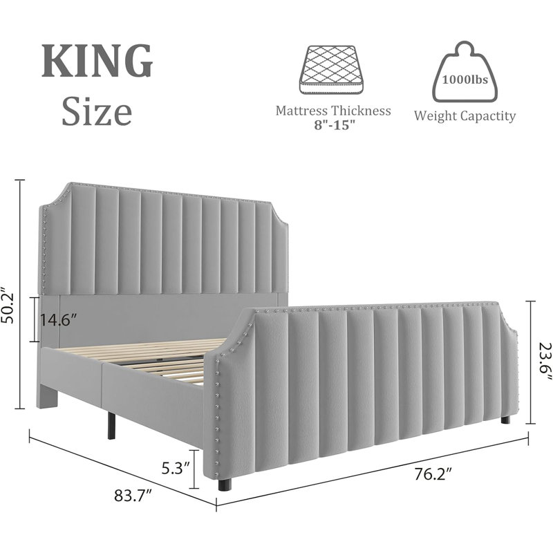 Axyl Velvet Bed Frame, 50.2" Tall Headboard & Footboard, Upholstered Platform Queen Bed Frame With Nailhead Trim, No Box Spring Needed, Noise Free, Solid Wooden Slats
