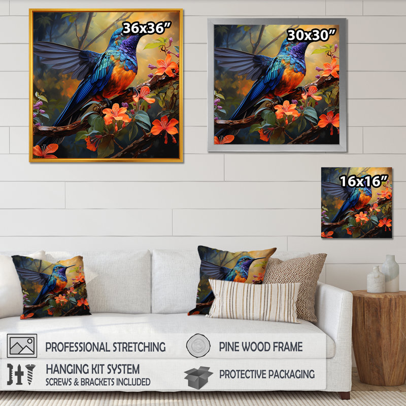 «Humminbird» - Art mural, H 30 po x l 30 po x P 1,5 po, Cadre flottant doré