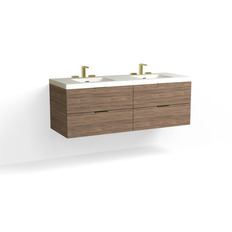 Avila 60" W Wall Mounted Double Bathroom Vanity, Glossy White/8" Widespread, Nocino, Matte Black