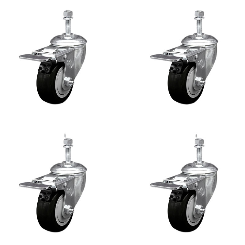 3 Inch SS Polyurethane 3/8 Inch Threaded Stem Caster Set Total Lock Brake, Black