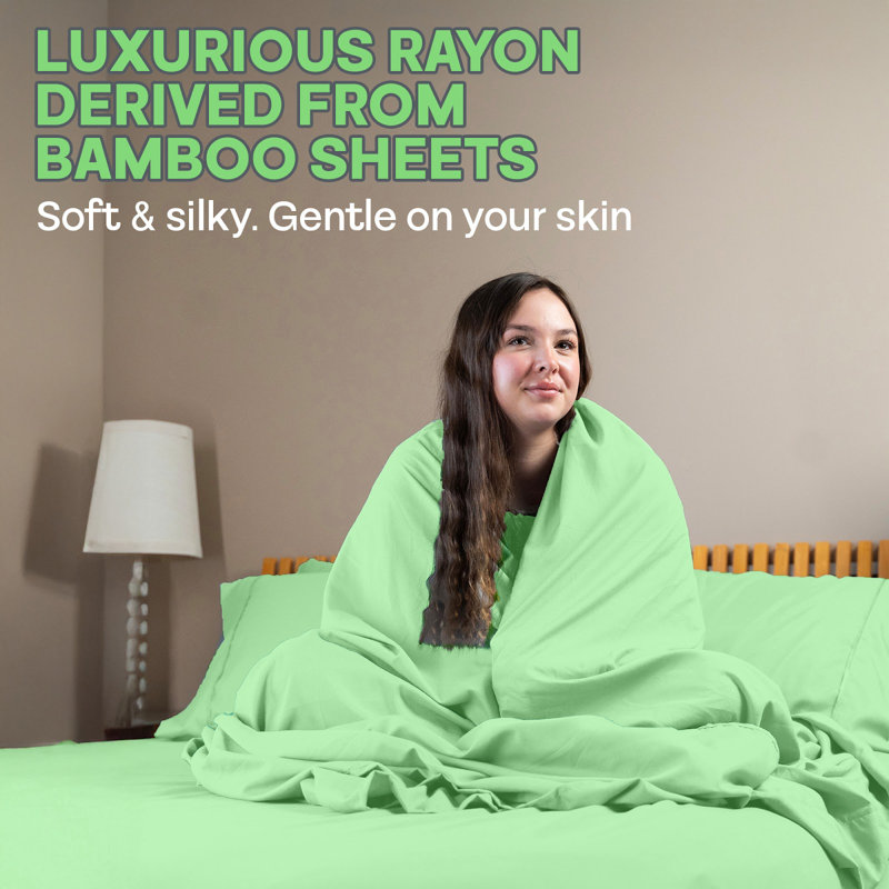Premium Rayon From Bamboo Blend Sheet Set With Deep Pockets, Cooling and Breathable, Mint, King Sheet Set with 4 Pillowcases
