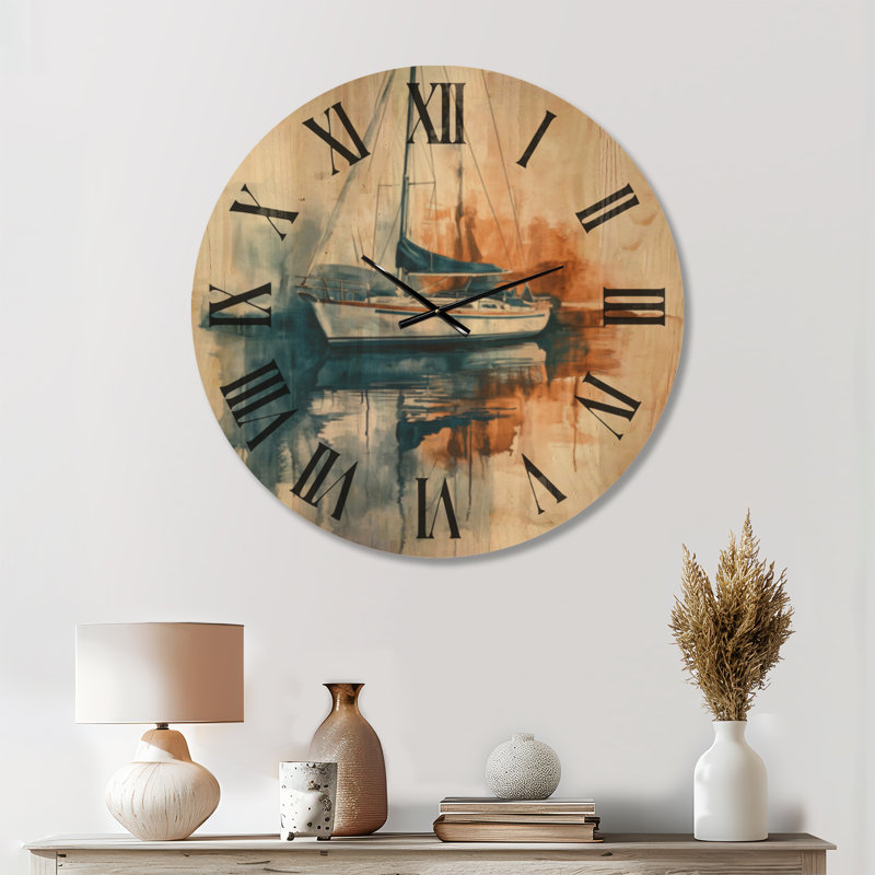 Reflet du port - Horloge murale en bois massif représentant un voilier, Medium