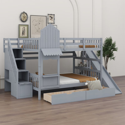 Castle Style Bunk Bed With 2 Drawers 3 Shelves And Slide -  Harper Orchard, 3FF9A664E2C3452D8FF3BB0EEB50F47D