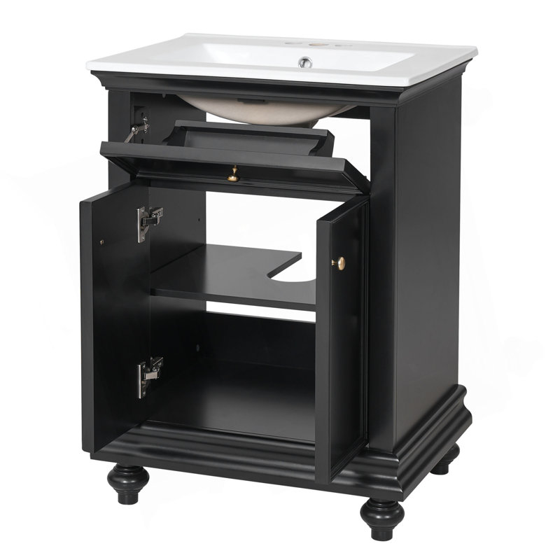 Meuble-lavabo moderne de 24 po avec tiroir basculant et charnières à fermeture en douceur, armoire de salle de bain avec structure ouverte au dos, pieds tournés en boule avec élégance française