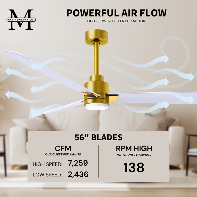 Alessandra - Three Blade Transitional Ceiling Fan -LED, Matte White, Brushed Brass, 56"
