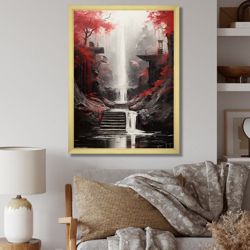 «Red Tree Endless Waterfall Journey», art sur toile, H 20 po x l 12 po x P 1 po, Cadre doré simple