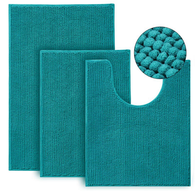 Ensemble de 3 tapis de salle de bain, tapis de bain en chenille antidérapant, tapis de bain ultra doux et super absorbant pour salle de bain, toilette et baignoire (sarcelle)