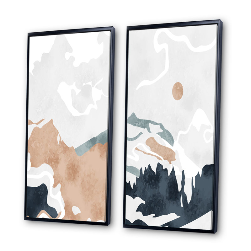 Ensemble de 2 impressions graphiques - Montagne pleine lune dans un paysage abstrait rétro II, H 40 po x l 40 po x P 1,5 po