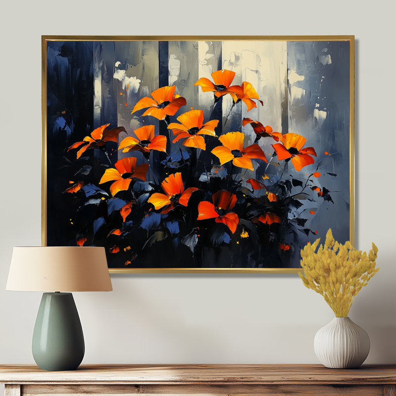 «Night Forest Plants In The Dark II», impressions sur toile de plantes, 28" H x 60" W, Cadre flottant doré