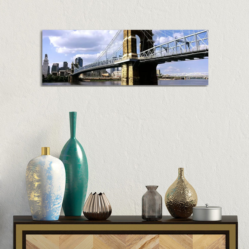 John A. Roebling Suspension Bridge Across The Ohio River, Cincinnati, Hamilton County, Ohio, USA #2 by Panoramic Images - Wrapped Canvas Panoramic Print