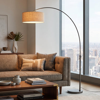 Lampe à arc 92 po Float - nickel noir, base en nickel noir, demi-dôme en toile de jute naturelle, à intensité variable, ampoule incluse
