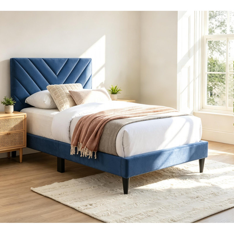 Structure de lit simple avec tête de lit réglable, lit plateforme tapissier en velours, aucun sommier requis, support à 12 lattes robuste, structure de lit à profil bas, disponible en bleu, rose, gris et gris anthracite, facile à assembler.