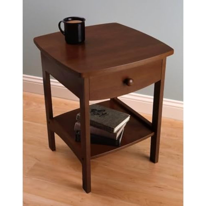 Table de bout / table de chevet courbée en bois avec un tiroir, brun, Brun