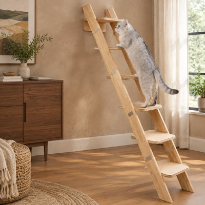 65" Tall 6-Level Cat Ladder for Windows & Walls with a 55° Gentle Incline; Fits Cats up to 20 lbs, including Senior & Less Agile Cats, Requires 43" Floor Clearance and Uses No-Drill Glass Installation