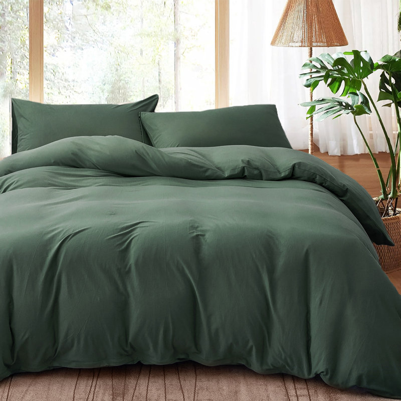 HOME BEDDING Jersey Cotton Duvet Cover Set, Green, King Duvet Cover + 2 King Shams