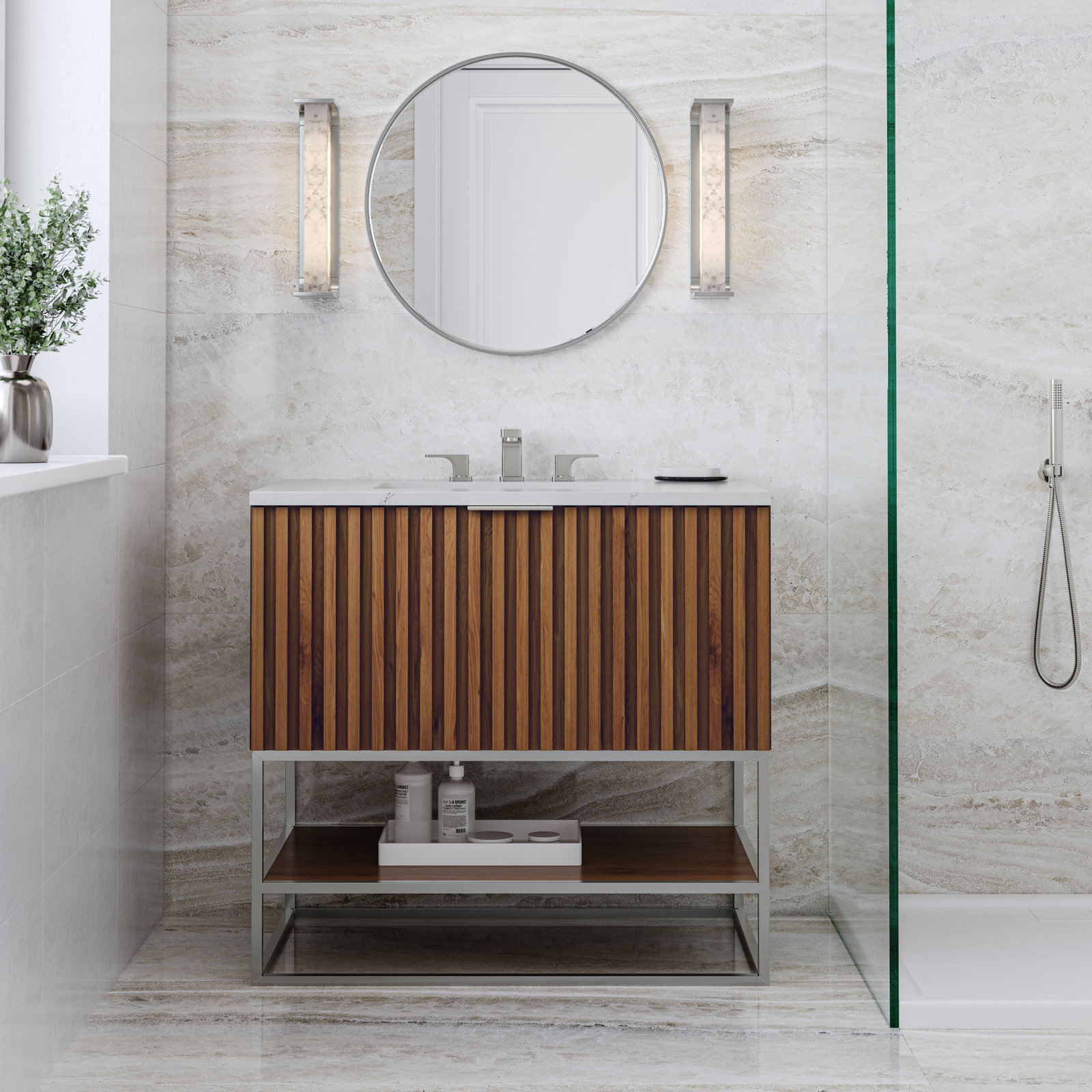Terra 36'' Single Bathroom Vanity, Walnut, Brushed Nickel, Calacatta Quartz/Widespread Faucet Mount