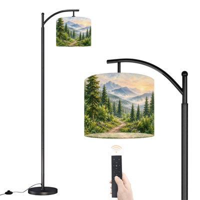 Lampe sur pied arquée avec abat-jour réglable, motif paysage forestier, lampadaire sur pied imposant, 3 températures de couleur, intensité variable, avec interrupteur au pied pour chambre à coucher