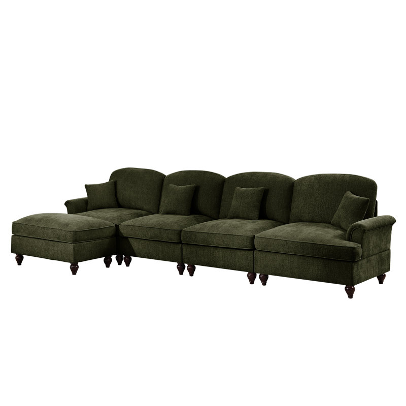 Canapé modulaire classique à trois places en forme de L avec accoudoirs évasés, jupes à plis à volants amovibles et repose-pieds mobile, canapé en chenille confortable, vert