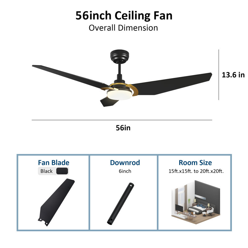 56'' Ceiling Fan with LED Lights, Black, Black