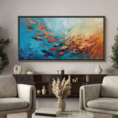 Banc de poissons en bleu et orange antique rétro