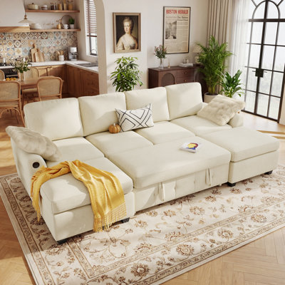 Maloy 104" Upholstered Chenille U Shaped Modular Sectional Sleeper Sofa with Pull Out Bed and Two Storage Ottomans