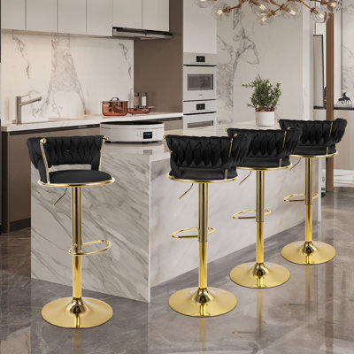 Tabouret de bar pivotant en velours de 15,75 po avec cadre et repose-pieds dorés, fauteuil de coiffeuse Princess à hauteur réglable avec dossier, fauteuil de maquillage rembourré doux pour la chambre à coucher, le salon et l'îlot de cuisine