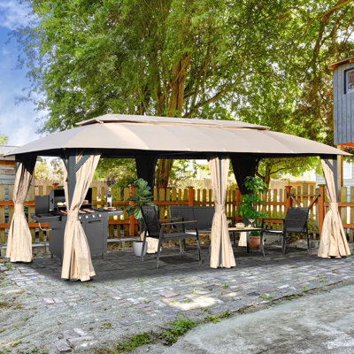 Gazebo 10X20ft - Double Roof For Ventilation, , , Privacy Curtains, Brown Canopy Protected, Roof, Posts,