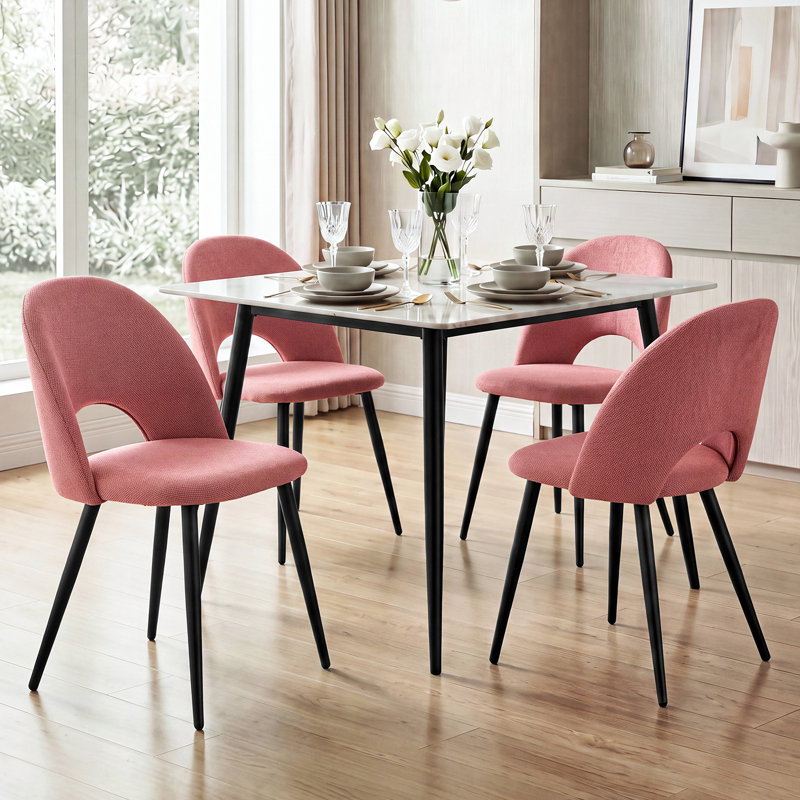  Modern Minimalist Horseshoe Velvet Dining Chair - Upholstered Hollow Back Chair - Black Metal Legs, Pink