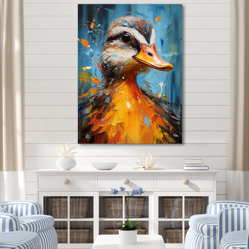 «Blue and Yellow Duck Portrait I - Duck Animal», art mural, Toile tendue, H 32 po x l 24 po