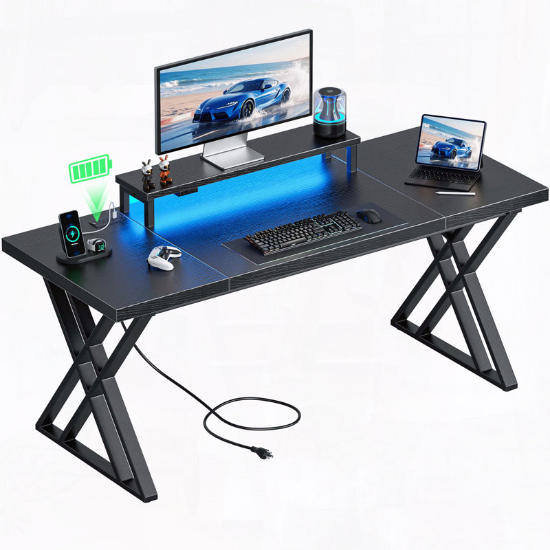 Gaming Desk with USB Charging Station – LED Lights, Monitor Riser, X-Frame, Black