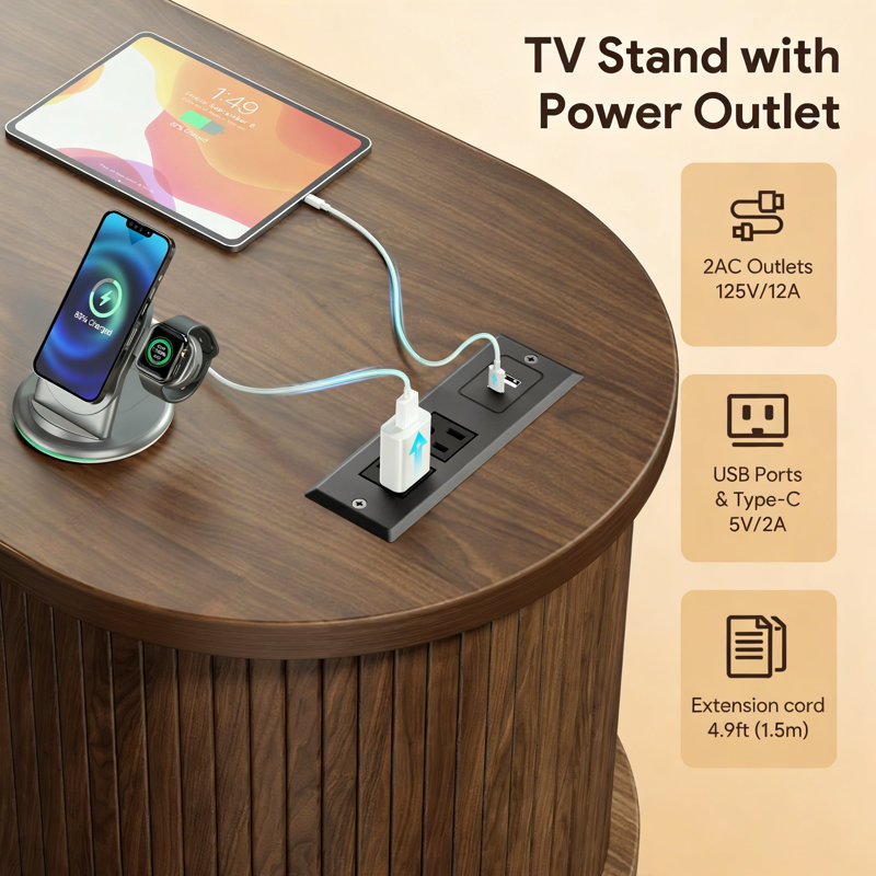 69" Mid-Century Modern TV Stand with Power Outlets - Fluted Sliding Door Media Console for 80" TVs, Japandi Walnut Finish