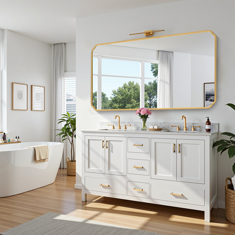 Marleth Modern Rectangular Bathroom Vanity Mirrors Mounted Wall Mirror High-Strength Tempered Glass, Gold, 48" x 36"
