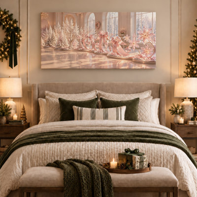 Art mural sur toile, arbres blancs givrés et nœuds roses en grand soleil