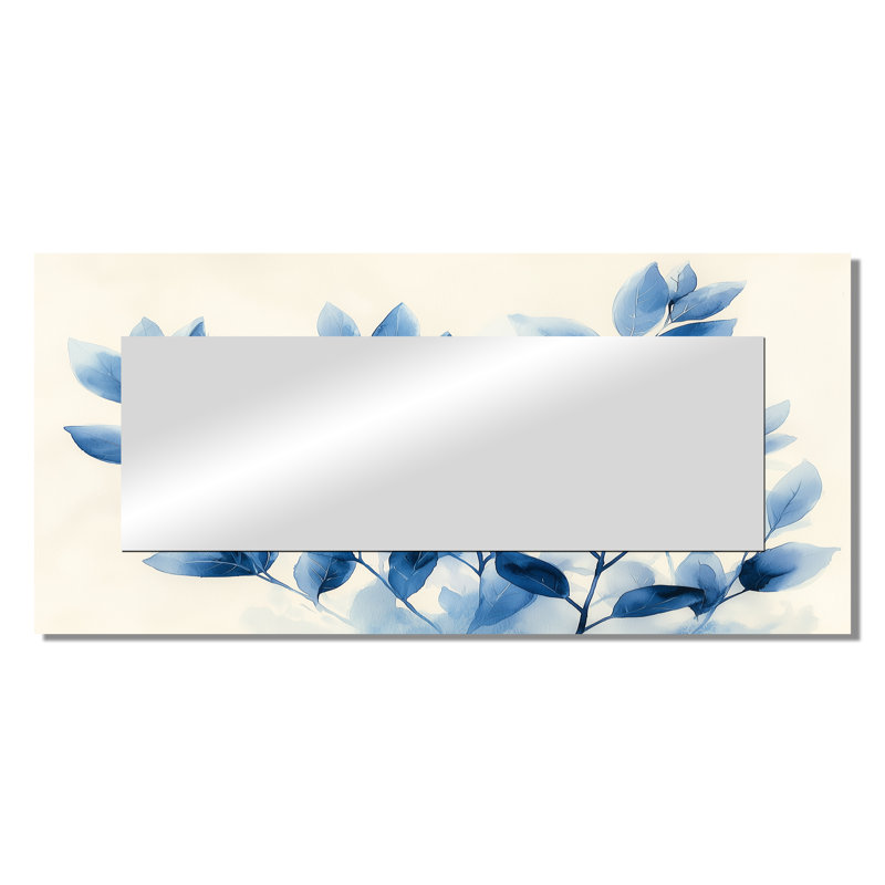 «Soft Leaves In Hazy Blues Watercolor I», art mural miroir de plantes, imprimé sur métal, 28" x 60"