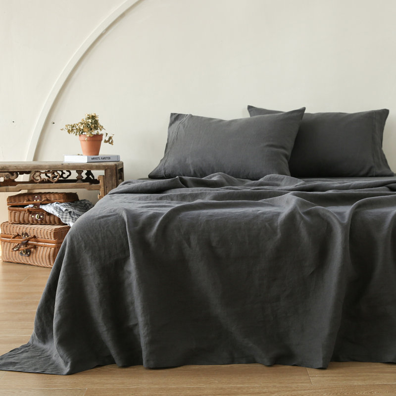 Linen Embroidery Sheet Set, Dark Gray, Queen Sheet Set with 2 Pillowcases