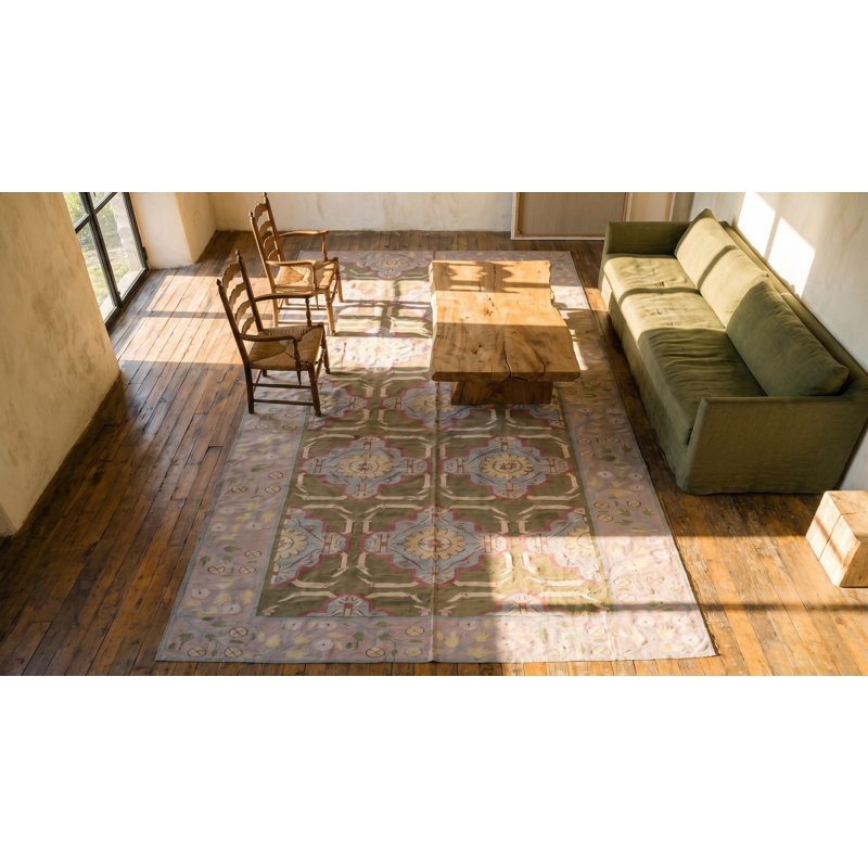 Green Color Artistic Antique Indian Flatweave Cotton Dhurrie Long and Narrow Gallery Size Rug